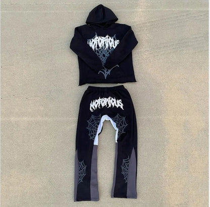 2024 American High Street Harajuku Spider web print Loose Hoodie Y2K Hip Hop Street Men Women's Casual Pullover Sweatpants goth