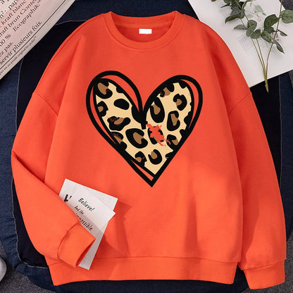 Sweat-shirt d'hiver Harajuku pour femme, imprimé léopard incomplet, imprimé cœur, sweat à capuche, chaud, col ras du cou, polaire confortable