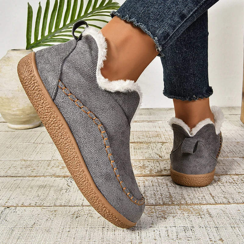 2024 New Hot Sale Suede Leather Ankle Boots Women Round Toe Thicken Fuzzy Snow Boots Comfortable Flat Anti-Slip Booties Mujer