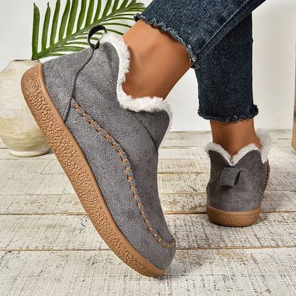 2024 New Hot Sale Suede Leather Ankle Boots Women Round Toe Thicken Fuzzy Snow Boots Comfortable Flat Anti-Slip Booties Mujer