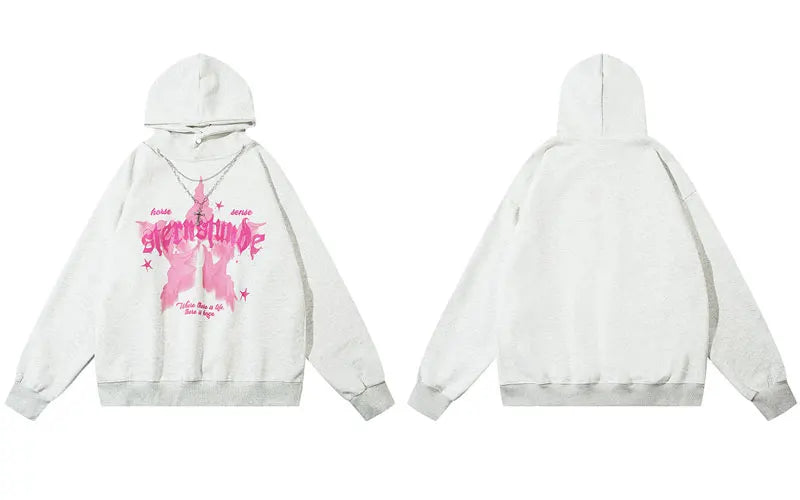Oversized Hoodie Grunge Vintage Star Graphic Printed Hooded Sweatshirt with Chain Hip Hop Punk Gothic Baggy Pullover Streetwear