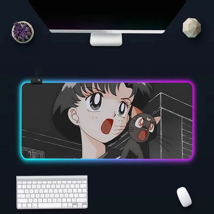 Pink Girl Cartoon Sailors Moons RGB Pc Gamer Keyboard Mouse Pad Mousepad LED Glowing Mouse Mats Rubber Gaming Computer Mausepad