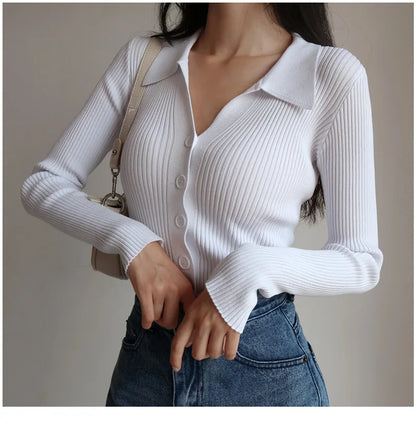 AOSSVIAO 2024 Ladies Buttons Sexy V Neck Long Sleeve POLO Neck Knit Cardigan Sweater Women Lapel Slim Tops