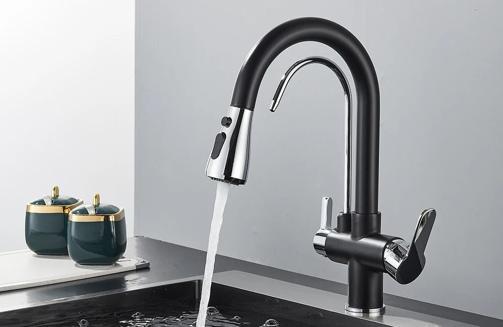 Grifo de cocina con filtro negro extraíble con rotación de 360 ​​grados y grifo mezclador de fregadero de tres vías