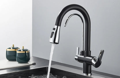 Grifo de cocina con filtro negro extraíble con rotación de 360 ​​grados y grifo mezclador de fregadero de tres vías