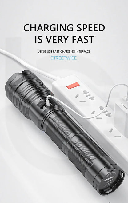 Linterna LED potente GT60 de 100 W, linterna táctica de largo alcance con pantalla de potencia, linterna con zoom recargable por USB para acampar al aire libre