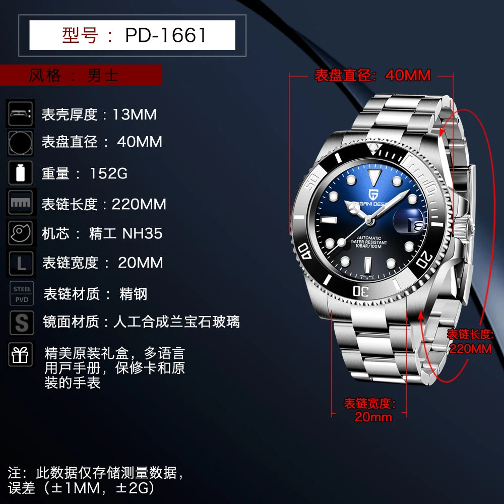 PAGANI DESIGN Men's Mechanical Wristwatches Luxury Brand Mens Watch NH35 100m Waterproof Sapphire Diving Watch reloj hombre