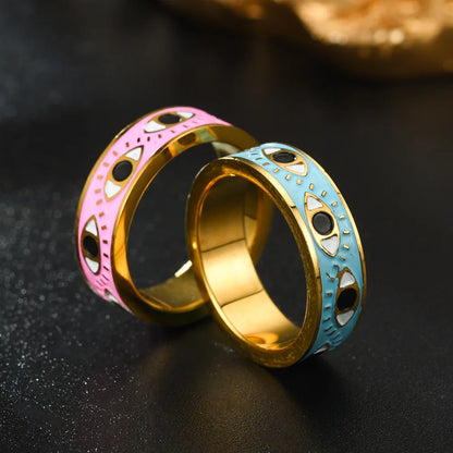 Pink Red Blue Enamel Engrave Cute Lovely Turkish Evil Eye Stainless Steel Rings 6MM Gold Color Eternity Band Rings For Women