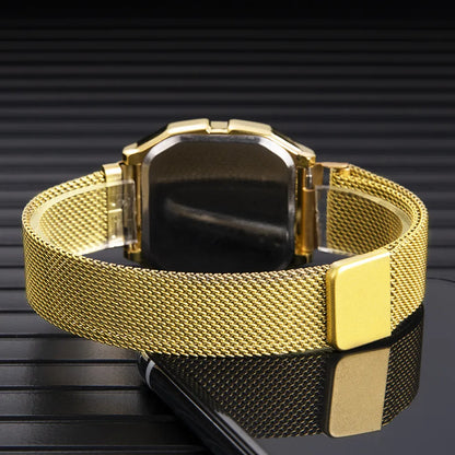 Simple Square LED Watch for Men Women Luxury Gold Men's Digital Watch Metal Mesh Strap Fashion Mens Electronic Watch Male Clock