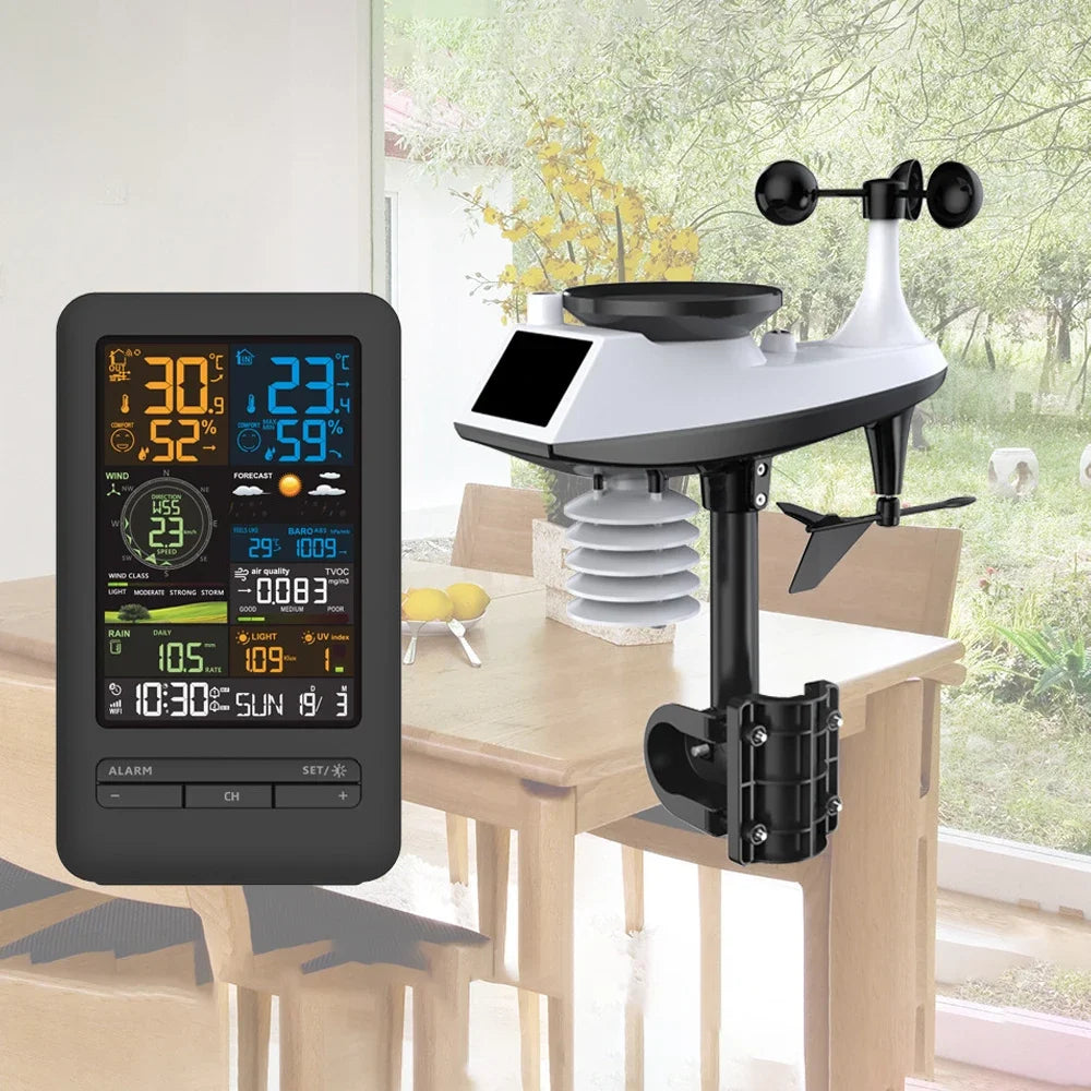 Smart WiFi Weather Station Digital Clock Wind Speed Direction Rainfall Light Index Air Quality Temperature Humidity Monitor