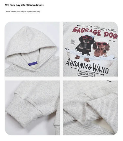 Vintage American Style Men's Creative Cool Dog Print Loose Fit Grey Fleece Lined Hooded Sweatshirt Couple Model Casual Wear