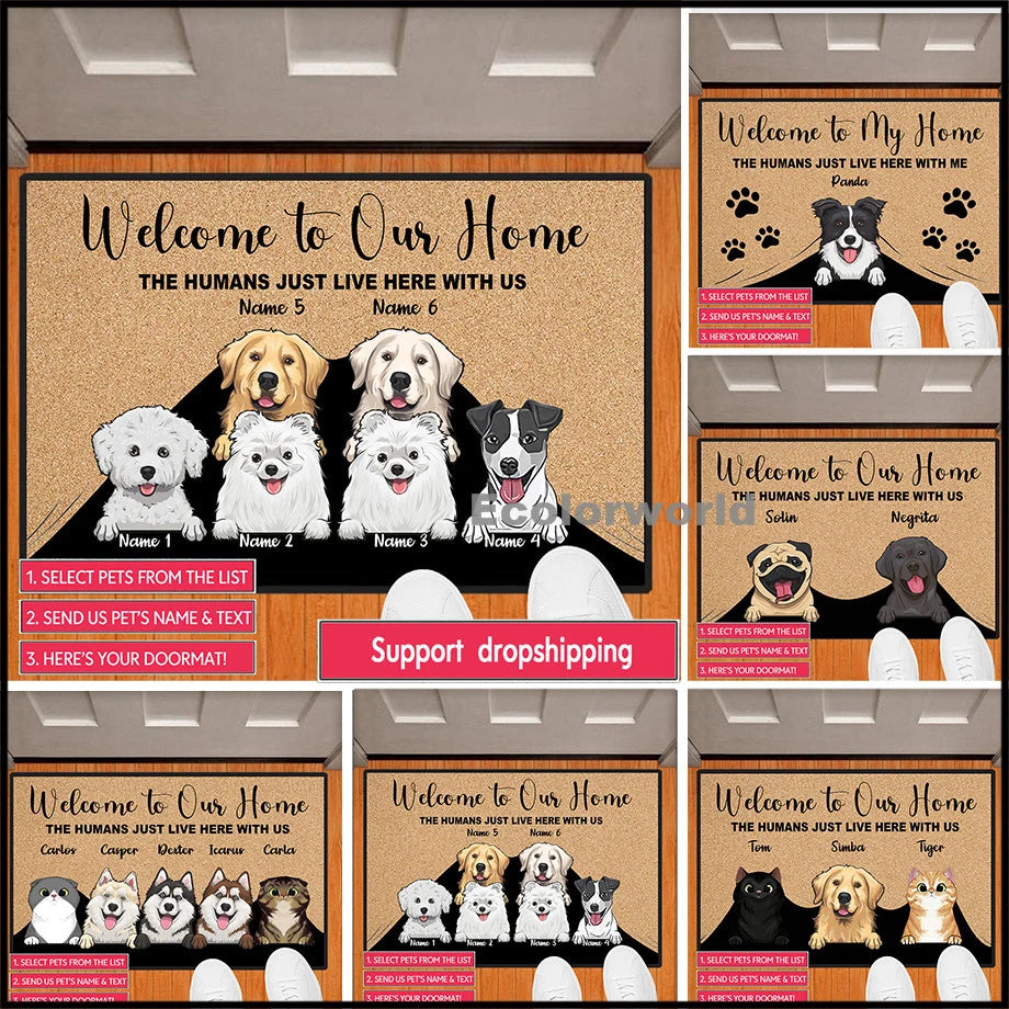 Felpudo personalizado con dibujos animados para mascotas, felpudo con nombre de perro y gato personalizado, felpudo de bienvenida a nuestro hogar, alfombras, decoración del hogar, accesorio, regalo
