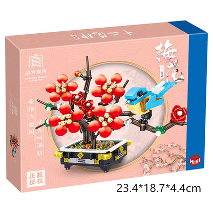 Peach Blossom Romantic Flower Vase Garden Birds Potted Plants Assembly MOC Building Blocks Classic Model Bricks Sets Kids Gifts