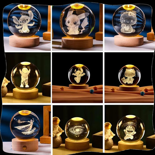 8cm 3D Crystal Ball Stitch Doraemon A Dream Hello Kitty Crystal Planet Night Light Laser Carving Children's Gifts