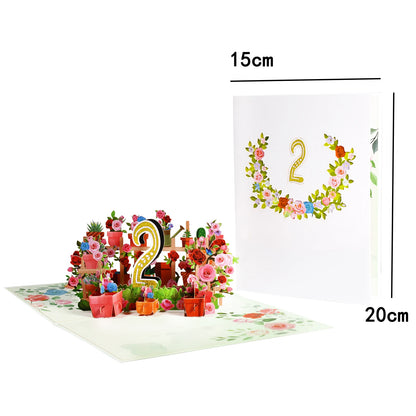 Tarjeta de aniversario emergente con números 1, 10, 28, 21 y 30 en 3D para cumpleaños, bodas