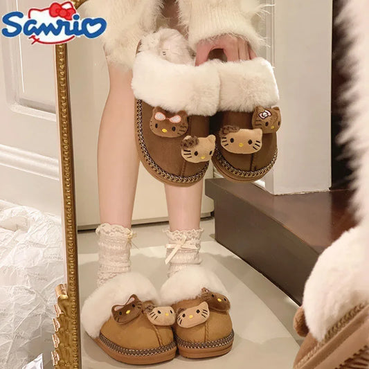Pantuflas de invierno Sanrio Hello Kitty con bonitos dibujos animados, cálidas y cómodas, estilo Kawaii Y2k, antideslizantes, planas, para exteriores, para mujer