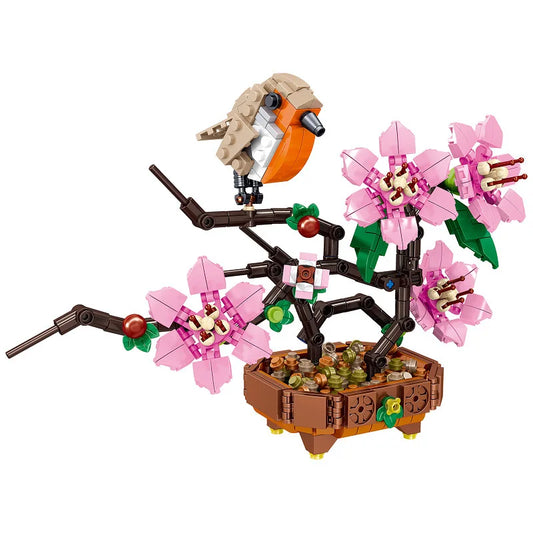 Peach Blossom Romantic Flower Vase Garden Birds Potted Plants Assembly MOC Building Blocks Classic Model Bricks Sets Kids Gifts