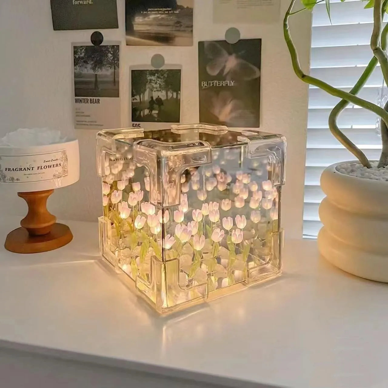 Tulip light lamp Diy Tulip Flower Sea Cube Three-Dimensional Small Night Lamp Material Package for Girlfriend Christmas Gift
