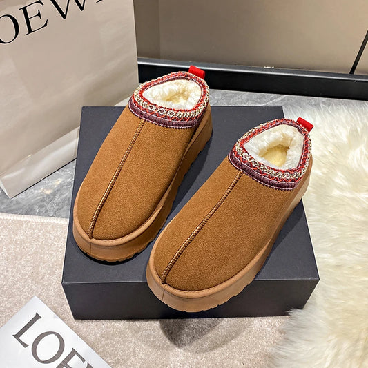 2024 Winter New Snow Boots for Women Cashmere Warm Thick Soles Without Heel-covered Hair Half Slipper Cotton Shoes for Women