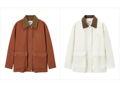 Semir Coat Women Medium Length Color-Blocking Corduroy Collar Retro 2024 New Autumn Embroidery Loose Fashion Jacket