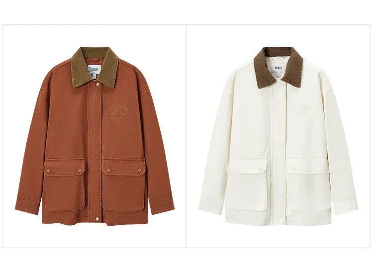 Semir Coat Women Medium Length Color-Blocking Corduroy Collar Retro 2024 New Autumn Embroidery Loose Fashion Jacket