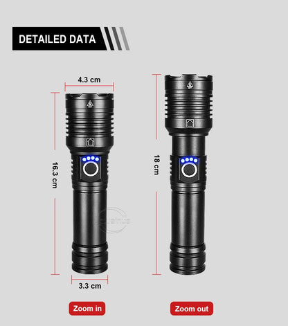Linterna LED de alta potencia XHP 120, linterna con batería 18650 26650, recargable por USB, con zoom, para emergencias, acampadas al aire libre y pesca