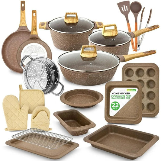 Nutrichef 22-Piece Maroon Marble Non-Stick Cookware Bakeware Set Professional Home Kitchen Collection with Multi-Sized Pot Pans