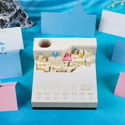 2025 Calendar 3D Notepad Block Santorini 3D Art Calendar With Led Lihjt Memo Pad Paper Notes Desk Decor Birthday Christmas Gift