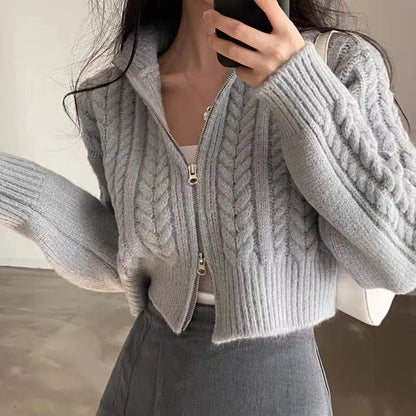 Twists Knit Short Coat Long Sleeve Zipper Sweater Casual Women Cardigan Vintage Winter Korean Chic Elegant 2024 Lady Trend Top