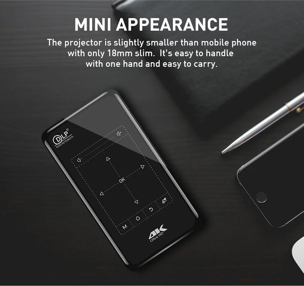 Portable mini projector android 9 1G 8G HD-MI input 3D 4K movie projector P09-II with mirroring DLP projector