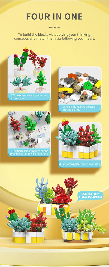 Simulation Succulents Flowers Bricks Plants Bonsai Cactus Aloe Vera DIY Assembled Toy Building Blocks Creative Kids Toys Gift