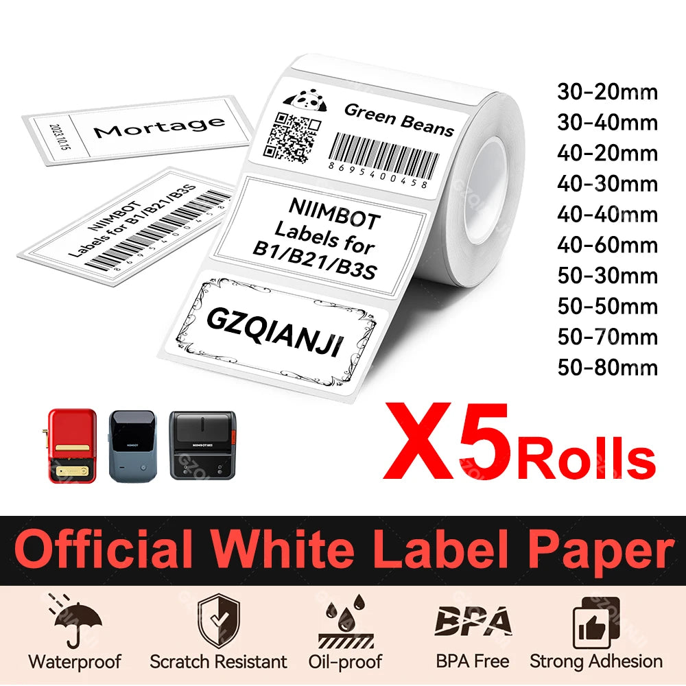 5 Rolls Niimbot Thermal Papel For B21 B1 Printer Home Office Labels Roll Colorful Adhesive Paper Square Printable Sticker Papers