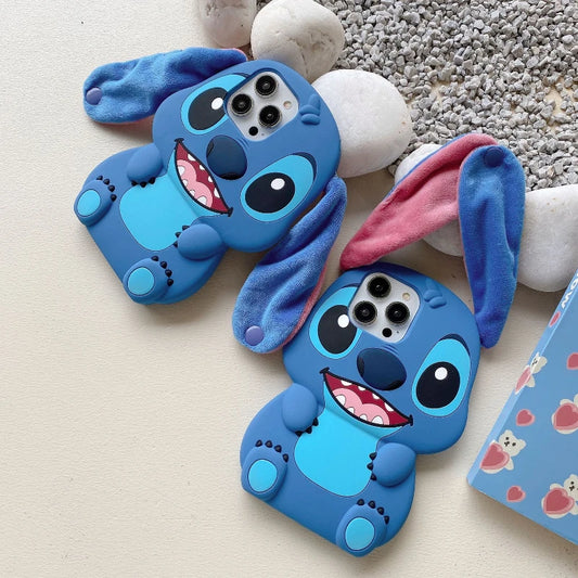 Stitch 3D Silicone Cartoon Phone Case for IPhone 14 13 12 11 15 Pro Max Fluffy Fur Plush Ear Sleeves Gift for Girls and Boys