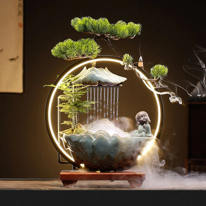 35cm Lucky Deer Fortune Fountain Chinese LED Lamp Ceramic Backflow Incense Burner Feng Shui Rockery Home Decor Ornament