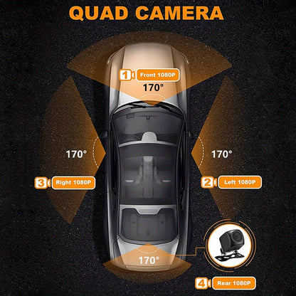 Grabadora de video DVR para automóvil de 4 lentes 1080P con control por aplicación WIFI, cámara de tablero de 360 ​​grados, visión nocturna, cámara de visión trasera delantera izquierda y derecha para automóvil