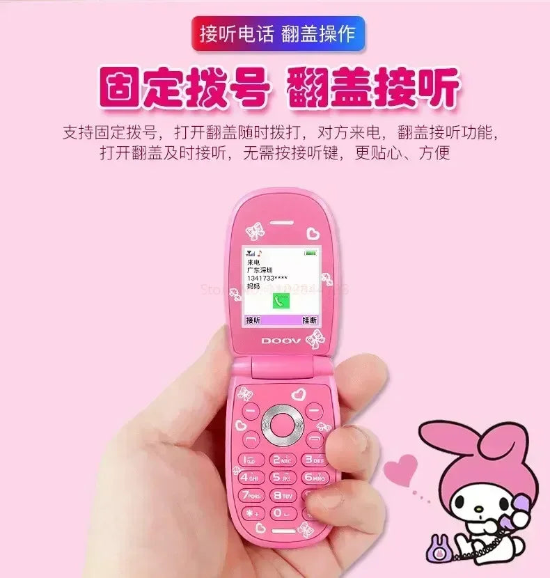 Sanrio Hello Kitty Flip Phone New Cartoon Cute Children White Pink Kawaii Mini Phone Children Birthday Gifts Fashion Model Toys
