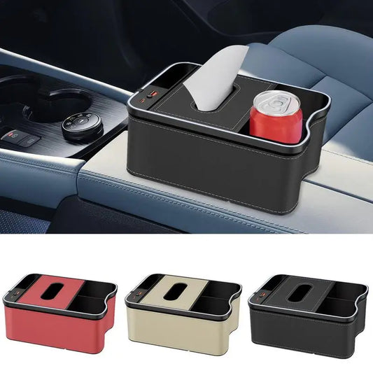 Auto Armrest Box Storage Box With Cup Holder Tissue Box USB Rechargeable Car Arm Rest Box Storage Organizer With Ambient Light