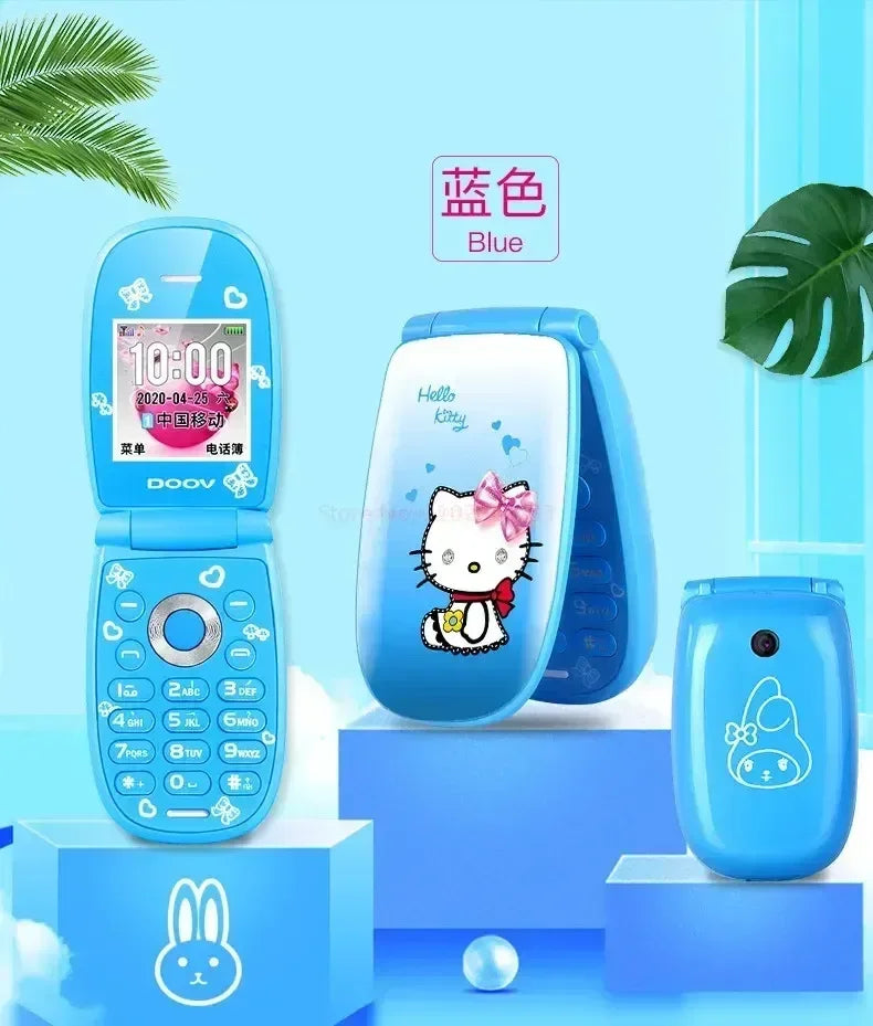 Sanrio Hello Kitty Flip Phone New Cartoon Cute Children White Pink Kawaii Mini Phone Children Birthday Gifts Fashion Model Toys