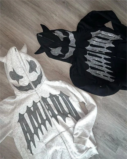 Sudadera con capucha y cremallera de cara completa con diamantes de imitación unisex Y2K, holgada, de gran tamaño, con estampado de letras góticas y estrellas, para hombre y mujer