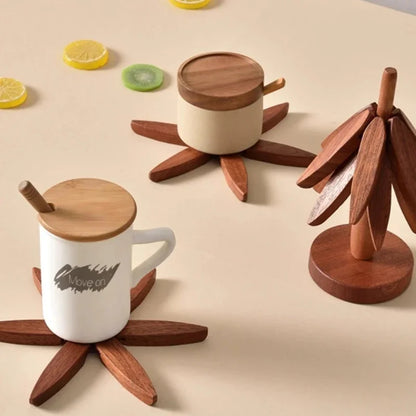 3/4Pcs Walnut Tree Table Mat Set Natural Foldable Wooden Tree Trivet for Hot Dishes Pot Bowl Teapot Holder Placemat