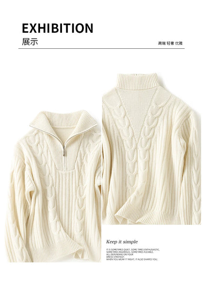 Thick Sweater Women High Quality100% Cashmere Warm Winter Long Sleeve Top Turn-down Collar Zipper Vintage Pullover