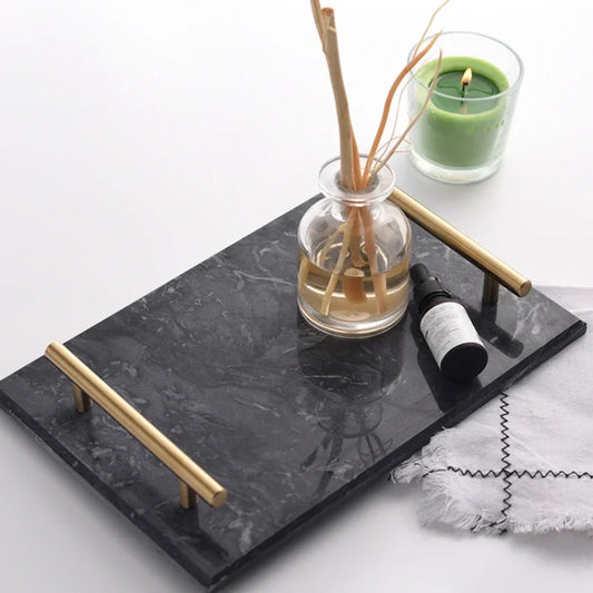 Nordic Home Decor Light Luxury Natural Marble Jewelry Storage Tray with Gold Handle Trinket Ring Plate Wedding Gift