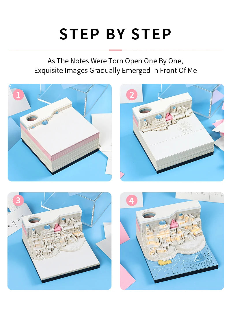 Omoshiroi Block 3D Memo Pad Santorini Magic Calendar Desk Decoration Tear Off Notepad Bookmark Souvenir Gift Girlfriend Birthday