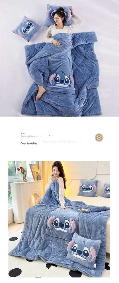 Stitch Disney Throw Pillow Blankets Two In One Kawaii Flannel Pillow Thickened Nap Blanket Living Room Cute Decoration Bedroom