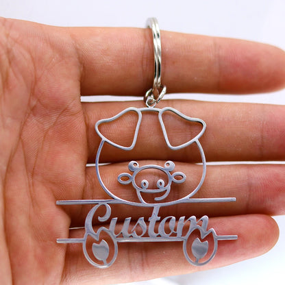 Stainless Steel Cute Pig Engrave Name Customized Keychain Men Keyring Pendant Keyring Cartoon Jewelry Animal Gift For Women