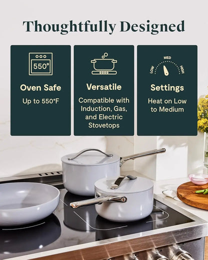 Nonstick Ceramic Cookware Set (12 Piece) Pots, Pans, 3 Lids and Kitchen Storage,Oven Safe & Compatible with All Stovetops,Cream