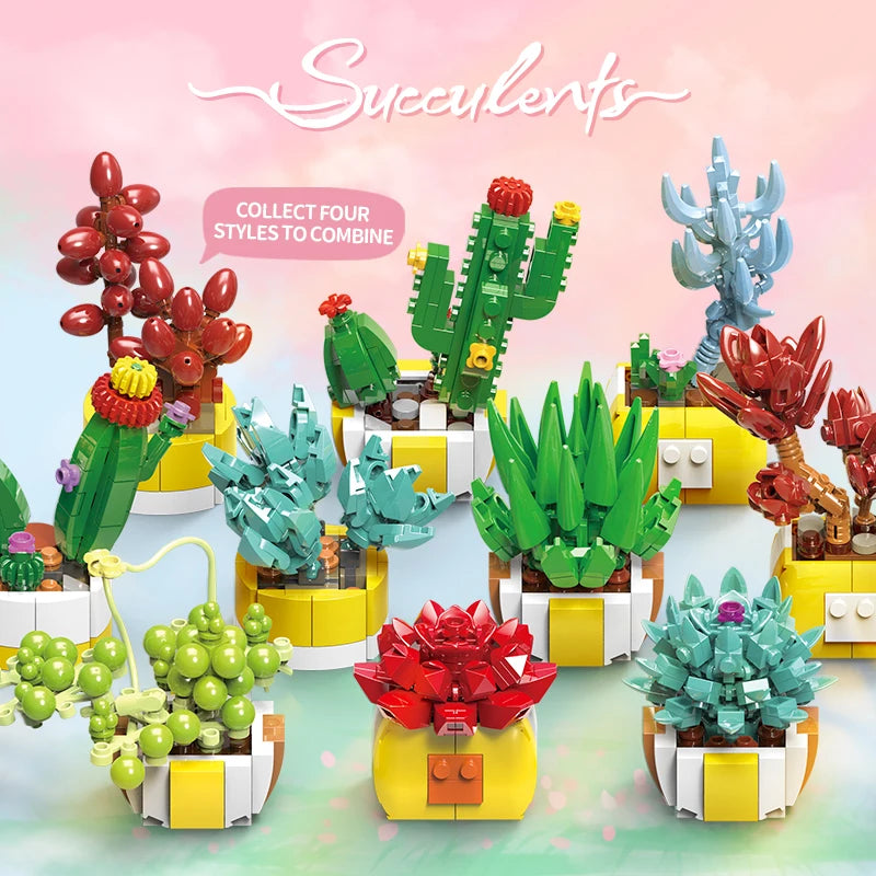 Simulation Succulents Flowers Bricks Plants Bonsai Cactus Aloe Vera DIY Assembled Toy Building Blocks Creative Kids Toys Gift