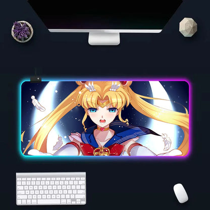 Pink Girl Cartoon Sailors Moons RGB Pc Gamer Keyboard Mouse Pad Mousepad LED Glowing Mouse Mats Rubber Gaming Computer Mausepad