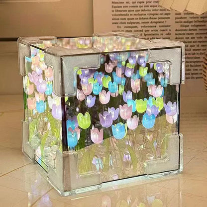 DIY Tulip Night Light Led Decorative Night Lamp Magic Cube Table Lamp and Mirror 2 in 1 for Birthday Gifts and Christmas Present