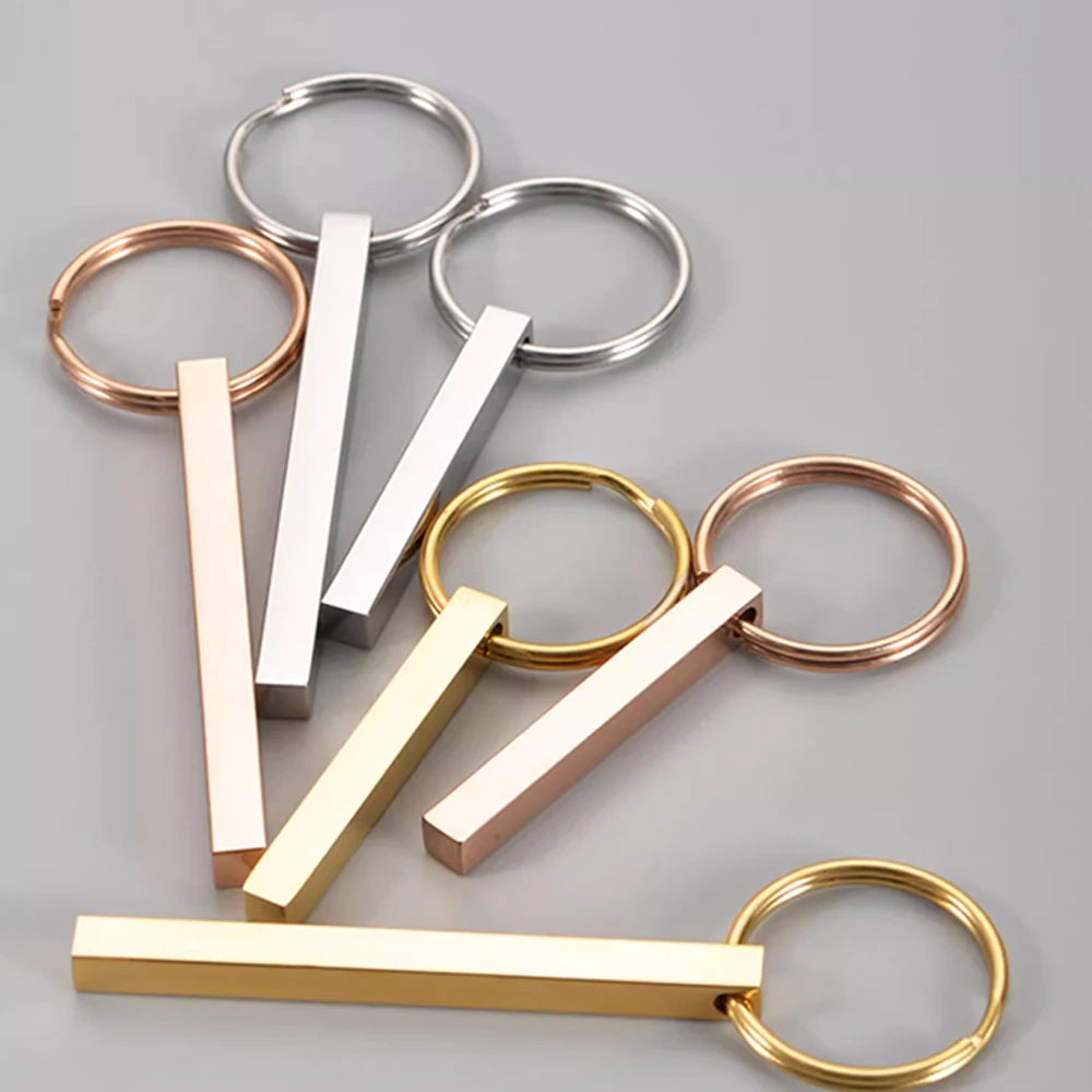 Llaveros personalizados de acero inoxidable con barra 3D, llaveros con texto grabado en los 4 lados, nombre, fecha, logotipo, llaveros personalizados, anillos, regalo de amor
